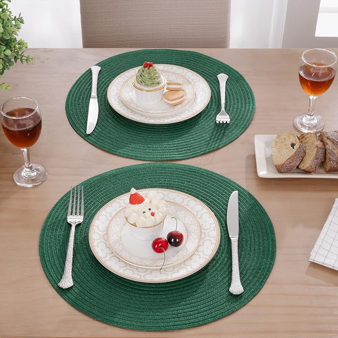 SHACOS Dark Green Round Placemats Set of 6 Cotton Polyester Braided 15 inch - Image 7