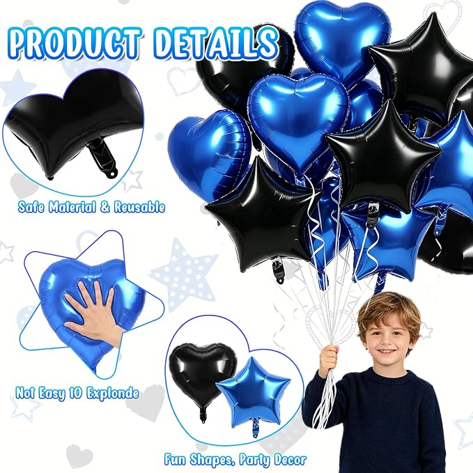 TONIFUL 18 Inch Black Blue Star and Heart Foil Balloons - Image 4