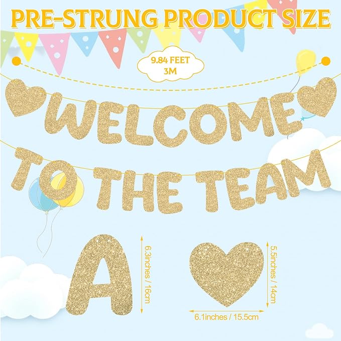BLMHTWO Pre-Strung Welcome to The Team Banner, Champagne Gold Glitter Office - Image 2