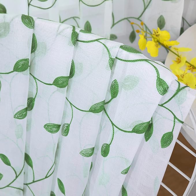Tollpiz Leaves Short Sheer Curtain Green Leaf Embroidery Bedroom Curtains Rod - Image 7