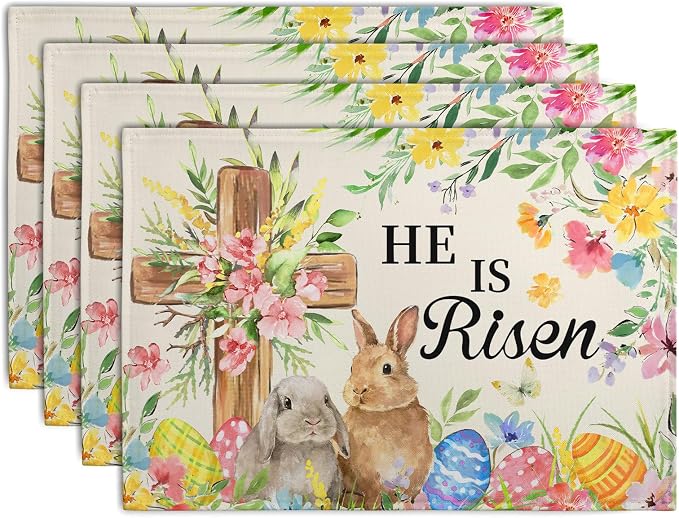 He is Risen Easter Placemats Set of 4 12x18 Inch Bunny Floral Cross Table Mats by Wnoesat