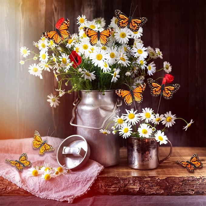 Ysleen 12 Set Monarch Butterfly Decoration Artificial Butterflies Feather Picks - Image 4