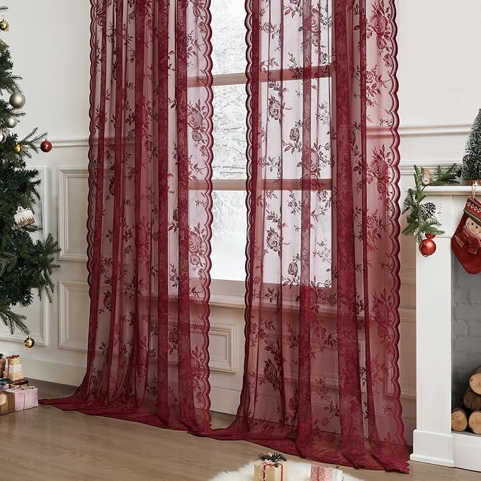 Burgundy Lace Curtains 96 Inches Long Modern Wine Red Floral Curtains by SEEKRIGHTHomeDecor