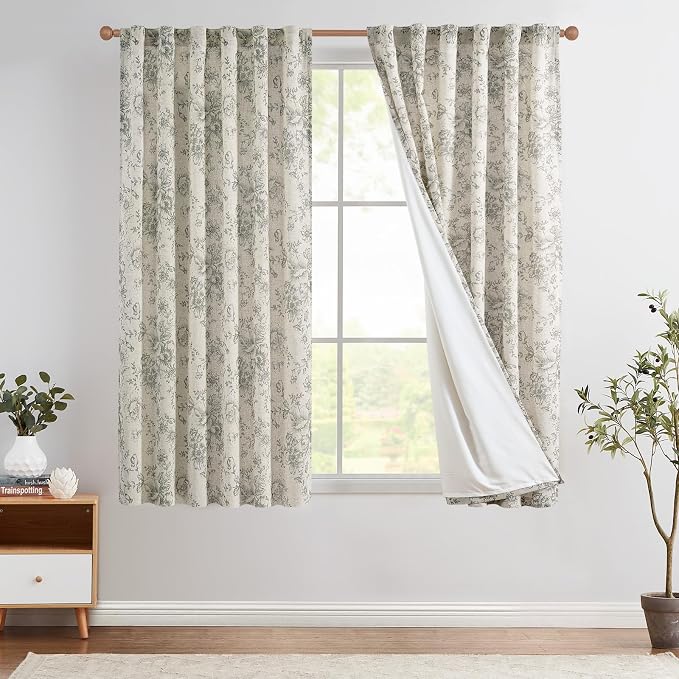 jinchan Gray Floral Linen Curtains Lined 63 Inch Vintage Back Tab 2 Panels | by JINCHAN
