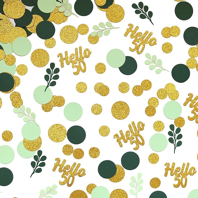 300PC Gold Glitter and Sage Green Happy 50th Birthday Decorations for Men/Women Greenery 50th Birthday Confetti for Table Fifty Party Decor Supplies