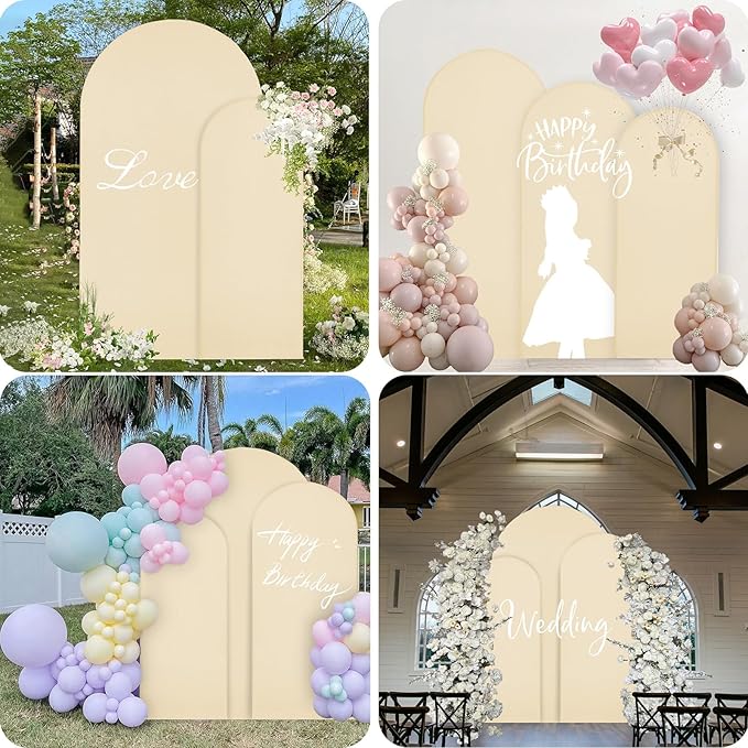 WEERRW Wedding Arch Cover Beige Spandex Fitted Set of 3 Balloon Arch Stand Covers Round Top Chiara Stretchy Backdrop for Birthday Party Baby Shower Banquet Decoration (6FT, 6.6FT, 7.2FT)