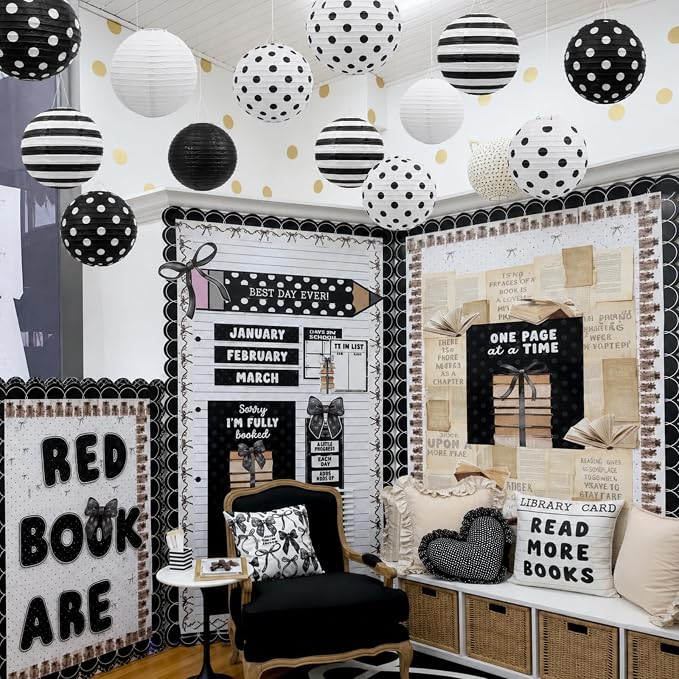Treela 6 Pack Black and White Paper Lanterns Back to School 8" Round Hanging - Image 5