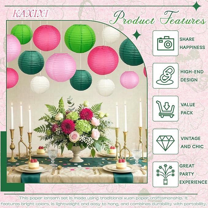 15-Piece Pink Green White Paper Lanterns Party Decorations | 6/8/10-Inch - Image 6