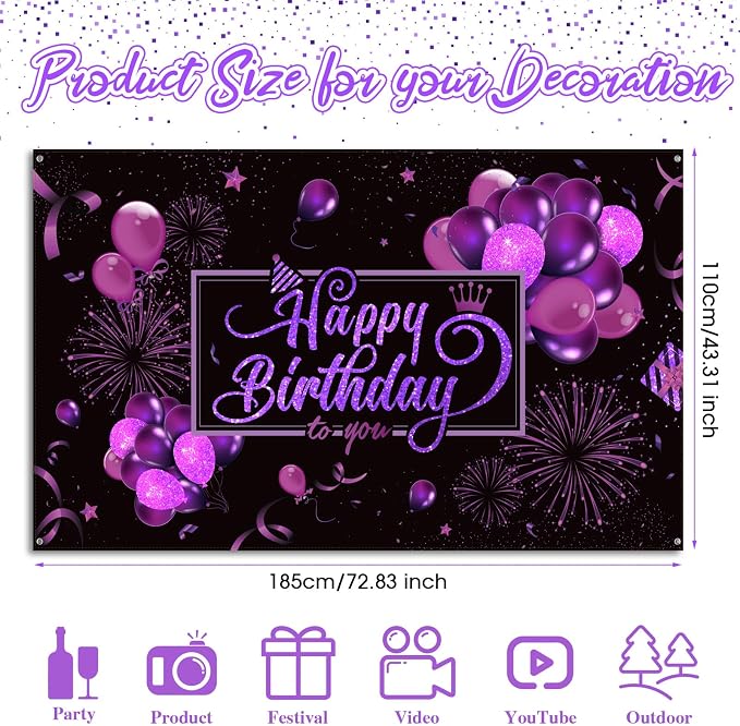 Blulu Happy Birthday Backdrop Banner Sign Poster Large Fabric Glitter Balloon - Image 2