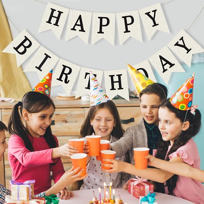 White Burlap Happy Birthday Banner Sign Birthday Garland Wall Door Hanging - Image 6