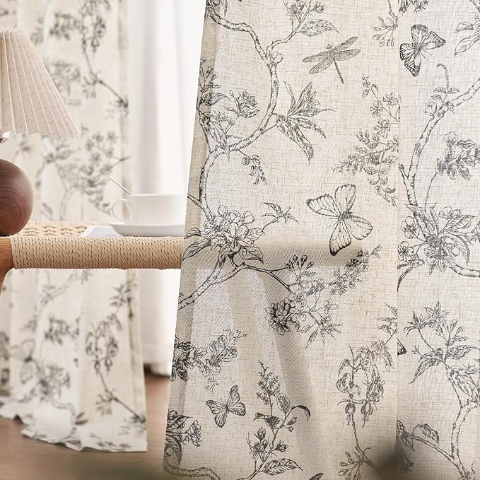 Black Floral Linen Curtains Farmhouse Rod Pocket 50W X 96L 2 Panels | Charlotte - Image 4