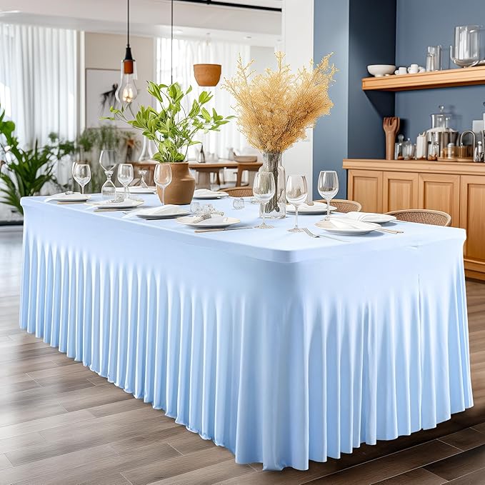 Wish Care 2 Pack Baby Blue Stretch Spandex Table Clothes for 4 Foot Rectangle Tables, 4FT Wrinkle Free Fitted Tablecloths Ruffles Design Table Cover for Party, Banquet, Wedding and Events