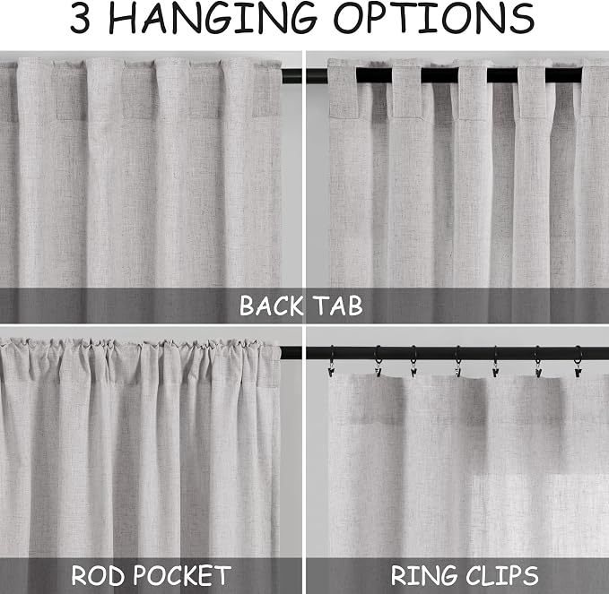 Grey Linen Back Tab Curtains 96 Inches Long 2 Panels Set - Image 3