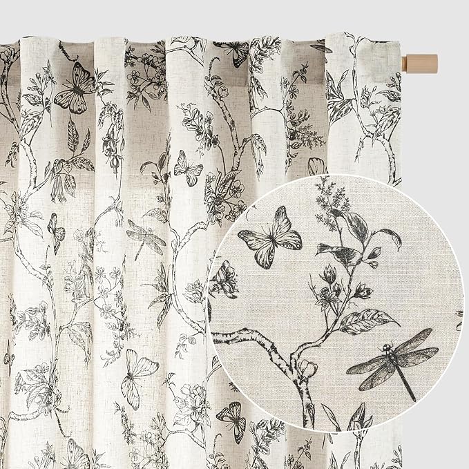 Black Floral Linen Curtains Farmhouse Rod Pocket 50W X 63L 2 Panels | Charlotte by Lazzzy