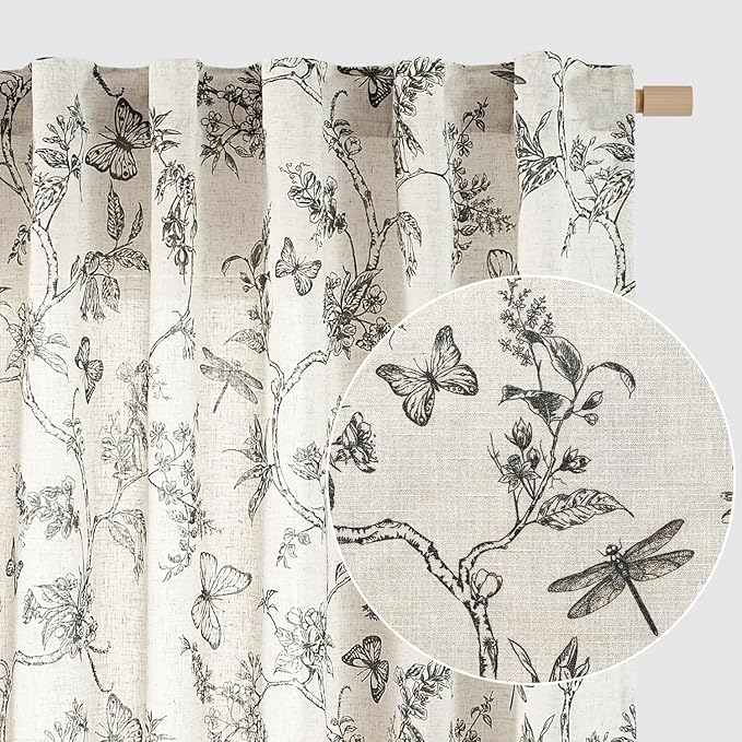 Black Floral Linen Curtains Farmhouse Rod Pocket 50W X 108L 2 Panels | by Lazzzy