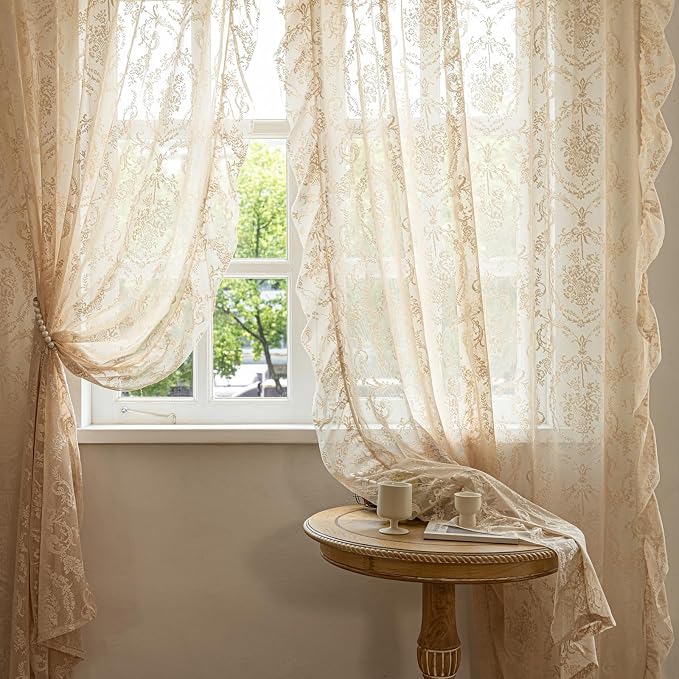 Deeprove Beige Lace Curtains 84 inches Length 2 Panels Set - Image 6