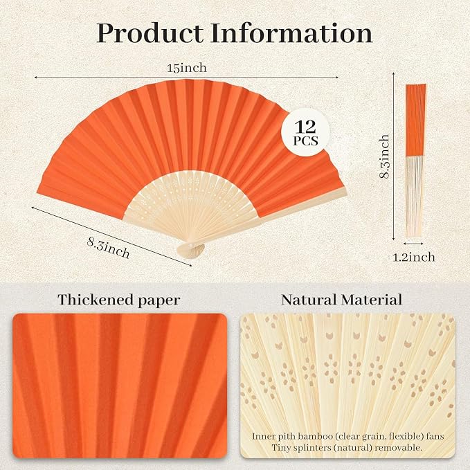 JOHOUSE 12 PCS Orange Paper Fans Handheld, 8.3 Inch Foldable Hand Fan | DIY - Image 7