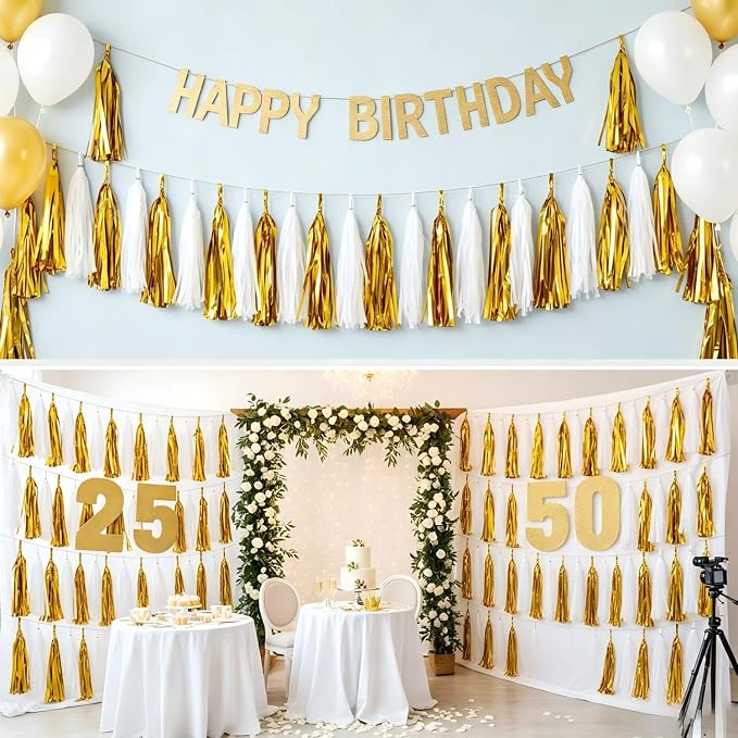 Gold and White Tassel Garland, Paper Tassel Banner, Table Decor, DIY Kits - - Image 2