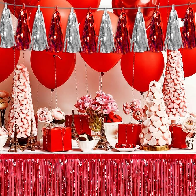 3P Red Silver Tassel Banner Garland Metallic Foil Fringe Banner Tinsel Tassels - Image 6