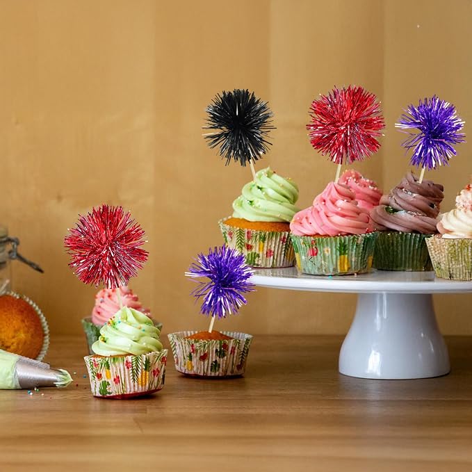 Gyufise 30Pcs Foil Firework Cupcake Toppers Sparkle Tinsel Cake Toppers Tinsel - Image 5