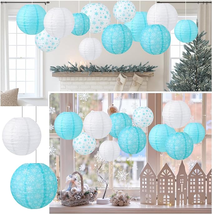 Panelee 12 Pcs Winter Party Decorations Paper Lanterns 8 Inch Blue White Round - Image 5