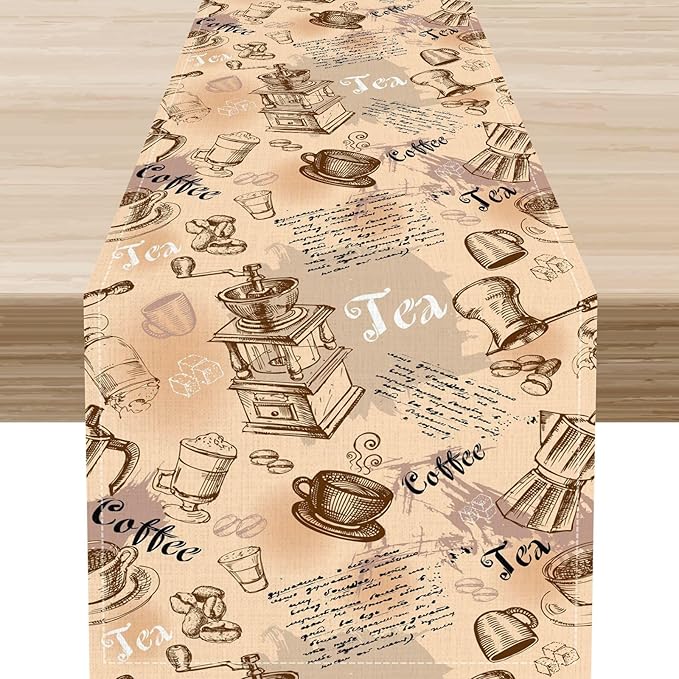 Coffee Theme Table Runner, Rustic Farmhouse Coffee Cup Tea Party Cafe Table Center Decor for Home Kitchen Dining Patio Holiday Party Indoor Outdoor Table Decorations,13"x36" Inch