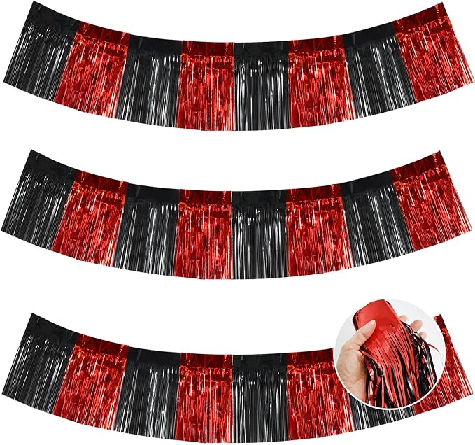 BEISHIDA Red Black Fringe Garland Banner 30ft Wall Tinsel Foil Streamers | 3Pack by Beishida