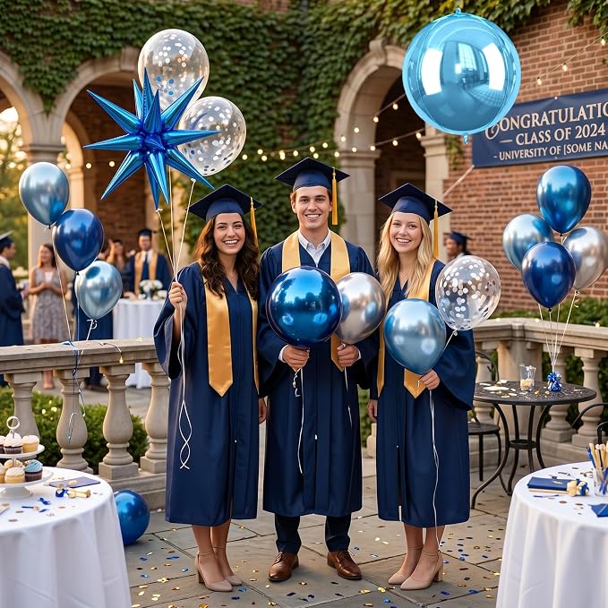 Blue and Silver Balloons, 12 Inch Navy Blue Metallic Silver Confetti Balloon - Image 6