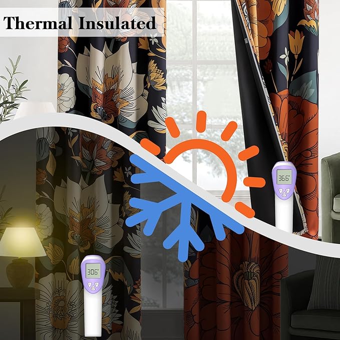 Tyrot Black Boho Floral Blackout Curtains - Image 5