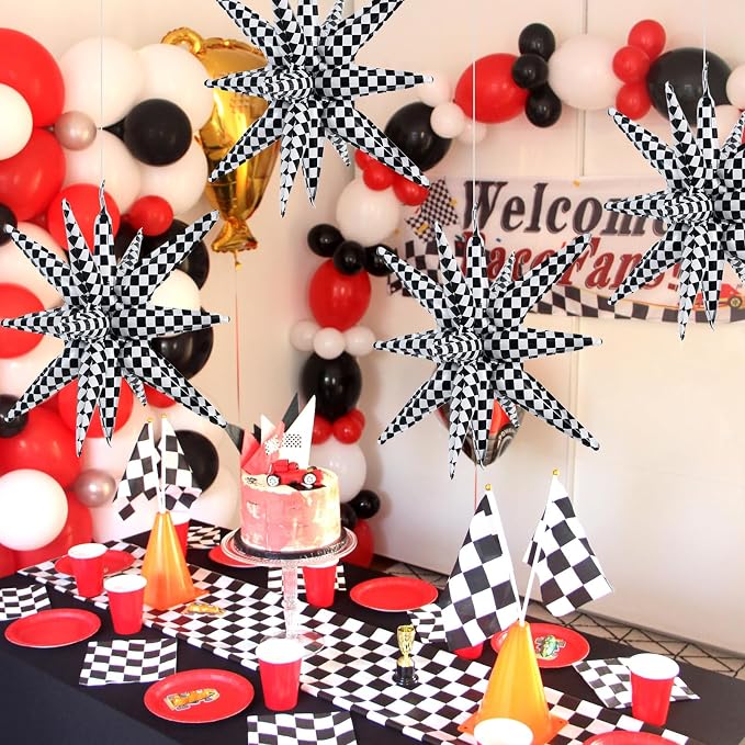 TONIFUL 4 Pcs Checkered Explosion Star Balloons Race Car Themed Party Decor | - Image 5
