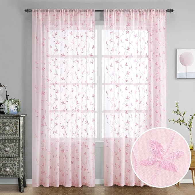 HOMEIDEAS Pink Sheer Curtains 2 Panels Set, Embroidered Vine Leaf, W52 x L84 | by HOMEIDEAS