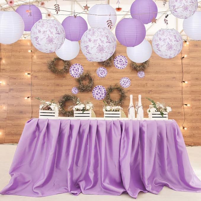 Riakrum 18 Pcs Floral Paper Lantern Set 10" 8" Purple and White Round Lantern - Image 5