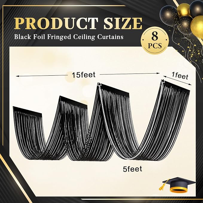 8 Pcs 15ft Black Metallic Foil Ceiling Fringe Curtains, Party Decor Fringe - Image 2