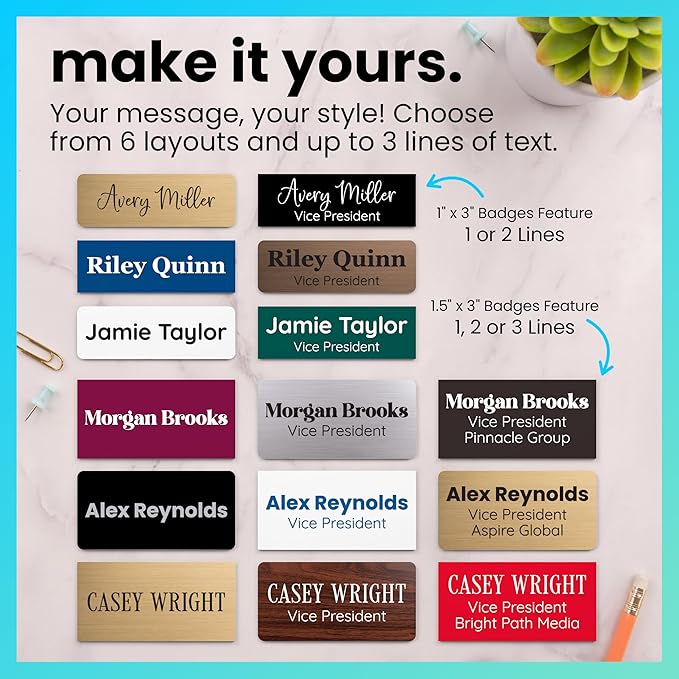ExcelMark Custom Name Tag - Engraved Name Badge with Pin or Magnetic Backing, 16 Colors, 6 Fonts, and 2 Sizes to Choose from (Gold w/Black Letters, 1"x 3")