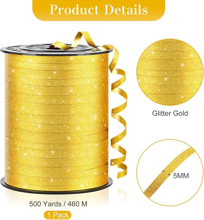 Gold Curling Ribbon, 500 Yards, 1/5 Inch | Glitter, - Image 2