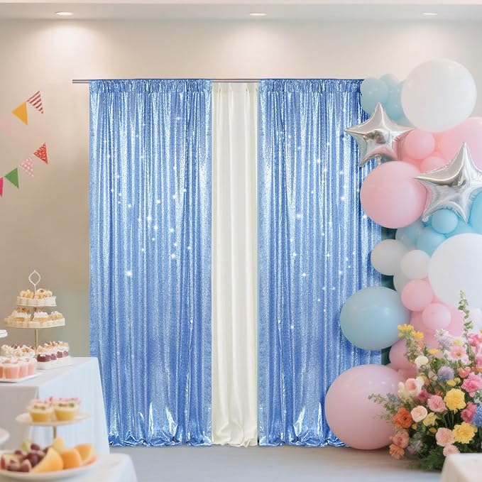 PartyDelight Baby Blue Sequin Backdrop Curtains 2x8ft 2 Panels | Sparkly 3mm - Image 6