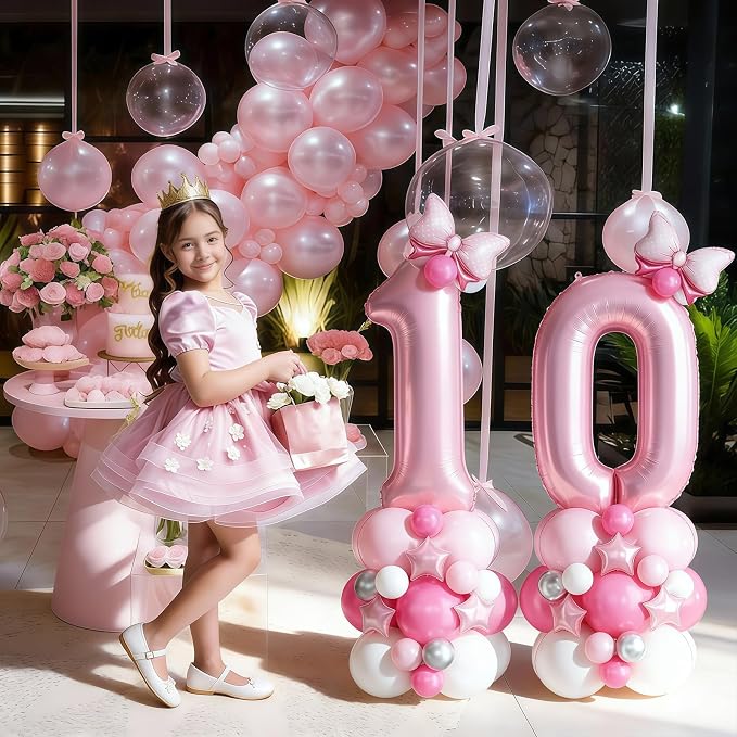 40 Inch Pink Number 0 Balloon Pastel Pink White Number Zero Foil Balloon Tower - Image 3