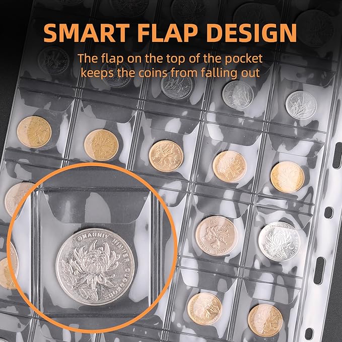 Coin Collection Book Holder for Collectors, 300 Pockets Fireproof Coins Collecting Album & 36 Sleeves Money Storage Case for Coin Currency Collection Supplies, Bill, Pennies, Quarters, Stamp,Green