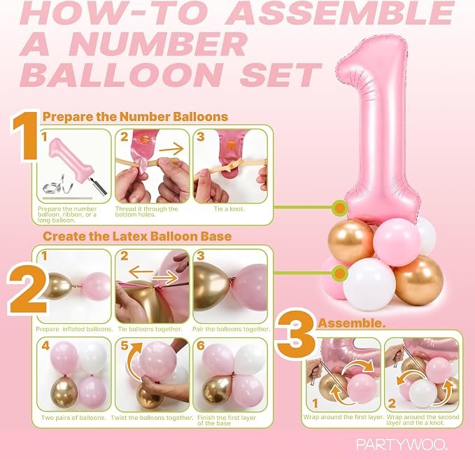 PartyWoo Number Balloons 40 Inch Pink Number 1 Kit 25pcs - Image 7