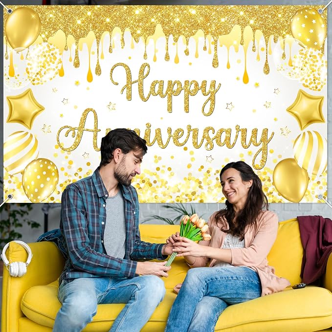 Mocsicka Happy Anniversary Banner White Gold Happy Anniversary Party - Image 6