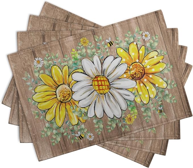 Spring Summer Floral Set of 4 Sunflower Daisy Eucalyptus Leaf Wooden Board - Image 2