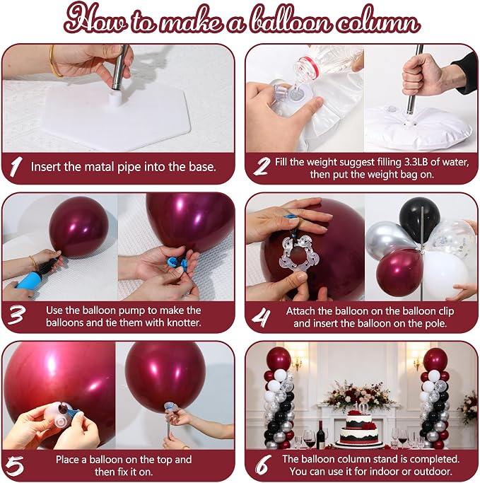 Burgundy Silver Black Balloon Column Stand Kit of 2 | 102Pcs Maroon Balloons - Image 5