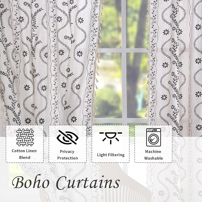 Schweek Boho Tassels Curtains for Living Room 84 Inches Long 2 Panels Ivory | - Image 4