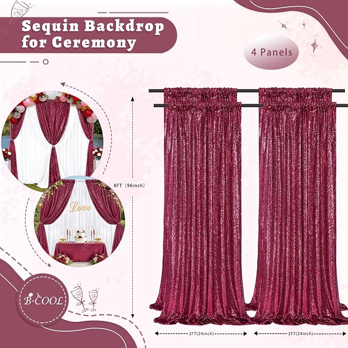 Burgundy Sequin Backdrop Curtains 4 Pcs 2ftx8ft Glitter Shimmer Fabric | - Image 4