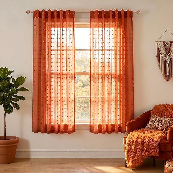 KOUFALL Rust Back Tab Rod Pocket Pom Pom Sheer Curtains 52x45 Inches Long by KOUFALL