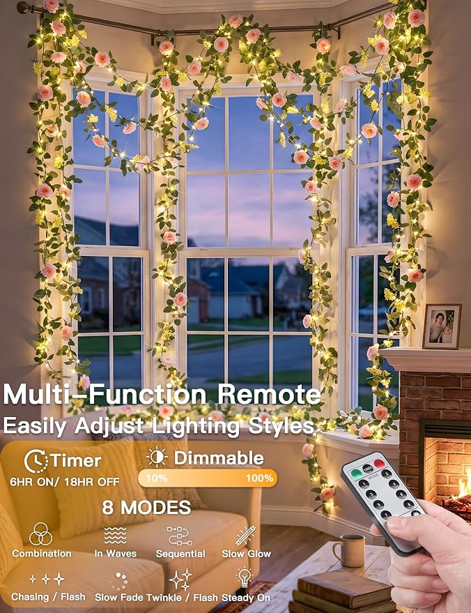 60LED Garland with Pink Camellia Lights Battery Operated Clear Wire | Vines - Image 2