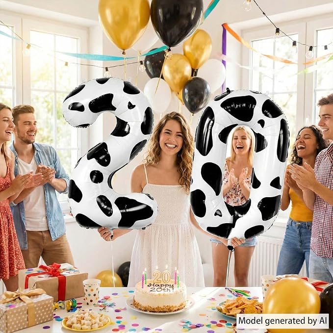 40 Inch Cow Print Number 20 Balloon Set, Giant Black White Cowhide Foil Mylar - Image 3