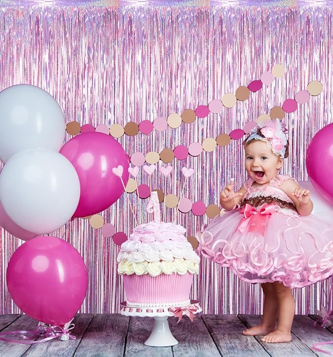 GOER 3.2 ft x 8.2 ft Metallic Tinsel Foil Fringe Curtains Party Photo Backdrop Party Streamers for Birthday,Graduation,New Year Eve Decorations Wedding Decor(4 Packs,Laser Pink)