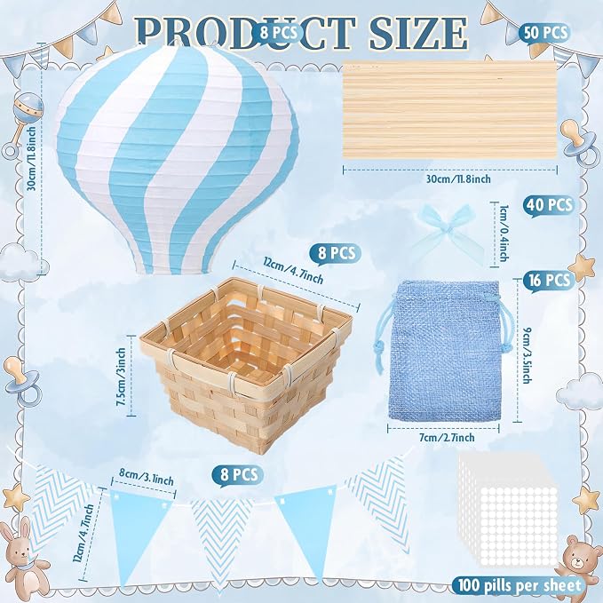 8 Sets Blue Hot Air Balloons Decorations Baby Shower Table Centerpieces 11.8'' - Image 3