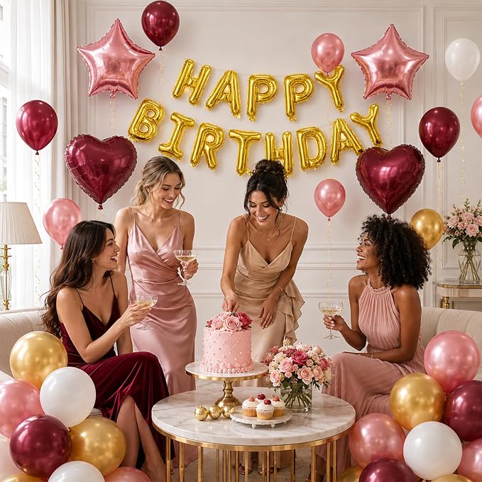 Burgundy Birthday Decorations for Women Girls, Burgundy Rose Gold Balloons Gold - Image 5